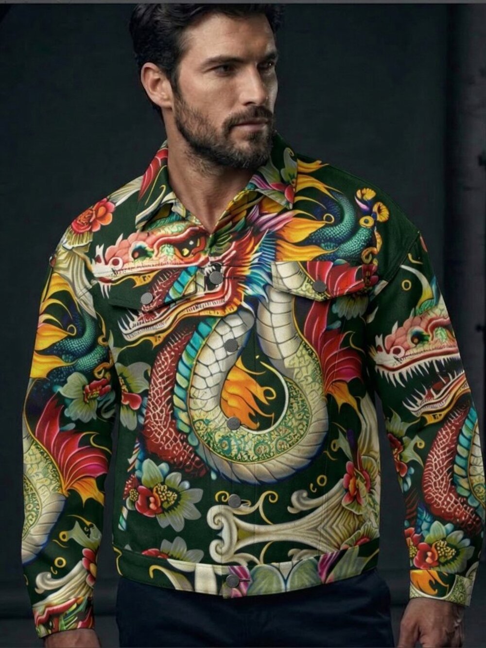 Dragon Cotton Denim Unisex Size XL Jacket Jean Black Hawaiian Shacket Floral